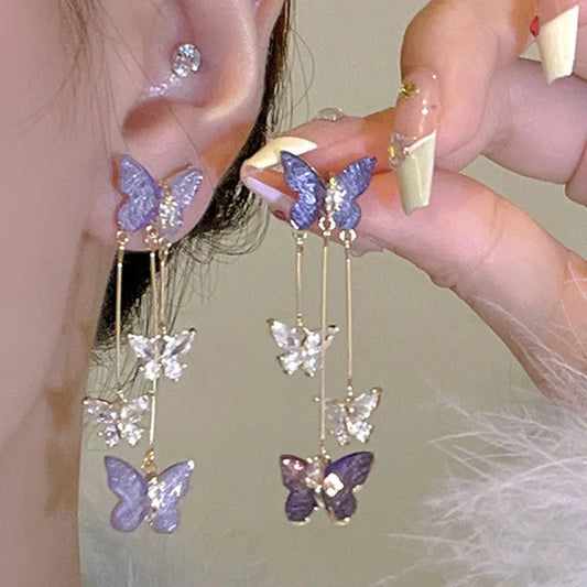 925 Silver Needle Purple Butterfly Long Tassel Earrings For Women Jewelry 2024 Trending Korean Fashion Luxury Crystal Earrings