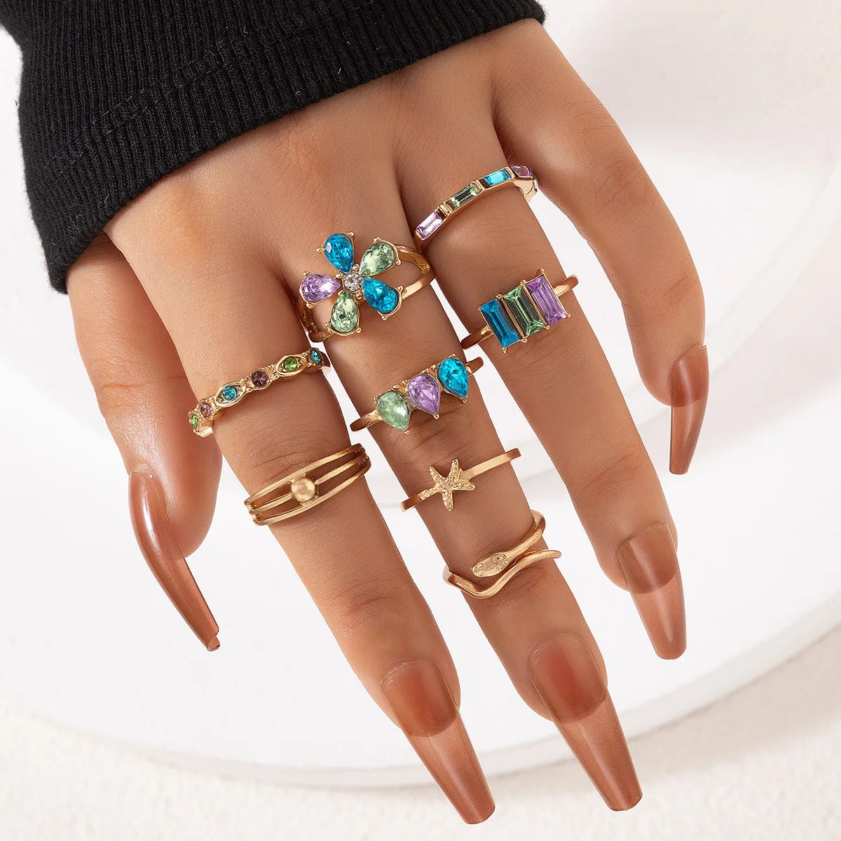 Colorful Crystal Snake Shape Ring Set For Women Fashion Butterfly Heart Gold Color Geometric Rings Female Wedding Finger Jewelry