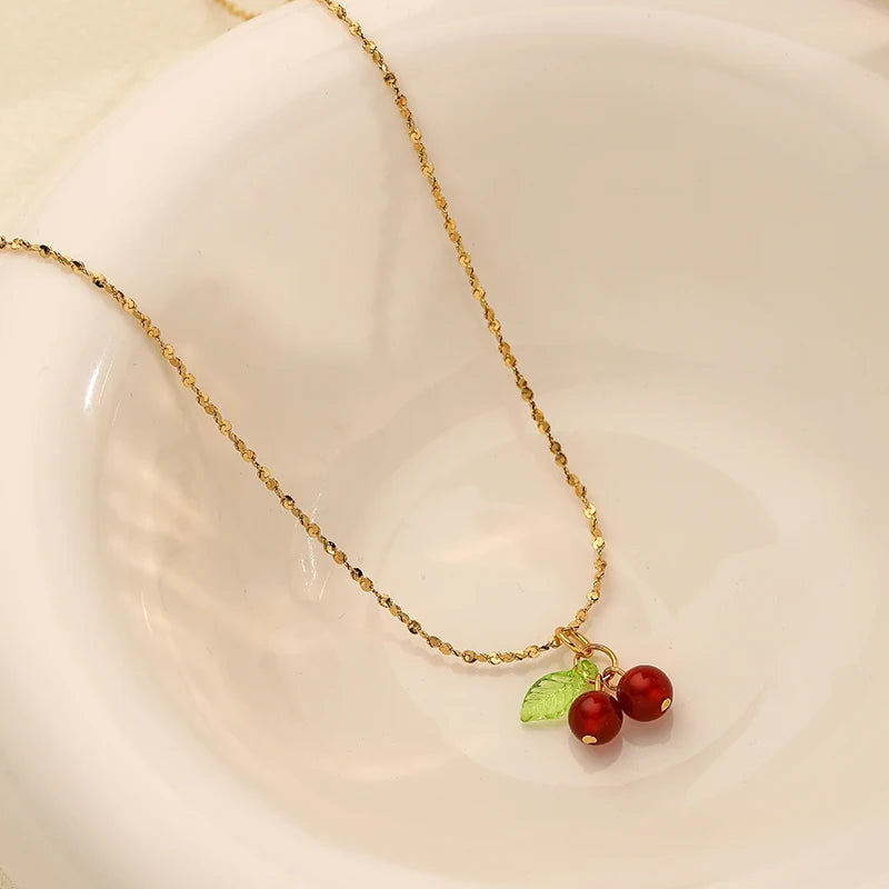 Lovely cherry fruit necklace stainless steel fashion student jewelry necklace for girls ladies gift