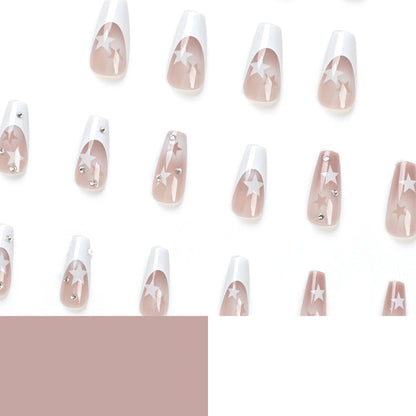 24pcs White French False Nails y2k White Star Ballerina Coffin Press on Nails Detchable Full Cover Fake Nails Tips For Girls