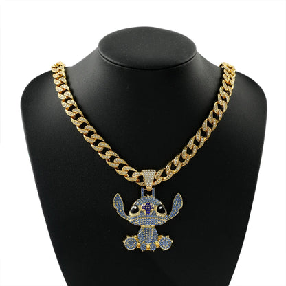 Disney Stitch Full Rhinestones Hip Hop Necklaces Anime Lilo & Stitch Pendant Rock Necklace Fashion Jewelry Neck Chain Gifts