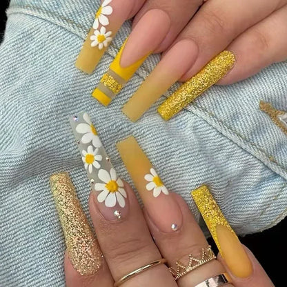 24Pcs Yellow False Nails Long Coffin Flower Butterfly with Rhinestones French Design Wearable Fake Nails Press on Nails Tips