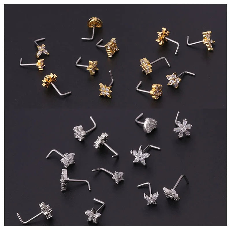 Stainless Steel Small Nose Rings Zircon Flower Heart Nose Stud 20G Body Piercing Jewelry For Women Men Gift