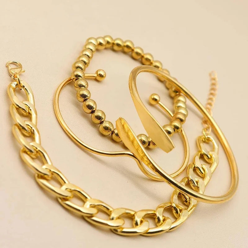 4pcs Punk Curb Cuban Chain Bracelets Set for Women Simple Thick Gold Color Charm Bracelets Fashion Jewelry Accessories New