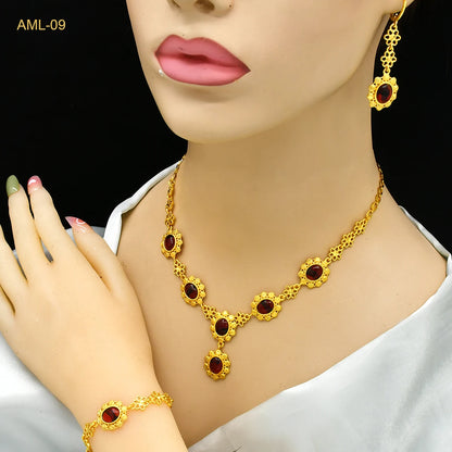 XUHUANG Arabic Cystal Necklace Bracelets Earrings Set for Girl Nigerian Engagement Bride 24k Gold Color Jewelry Sets Party Gifts