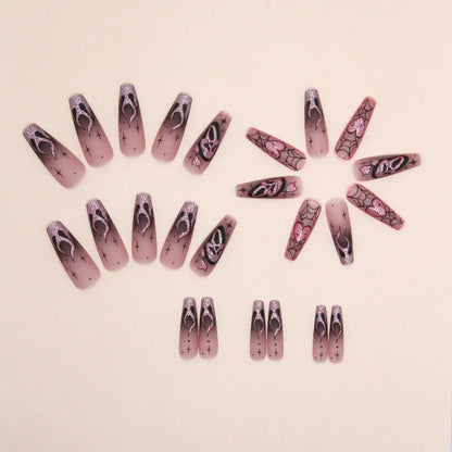 Scream 24pcs Glitter Pink Sequin Fake Nail Patch Scary Skull Love Heart Pattern Artificial Nails Full Cover Wearable Halloween Gifts