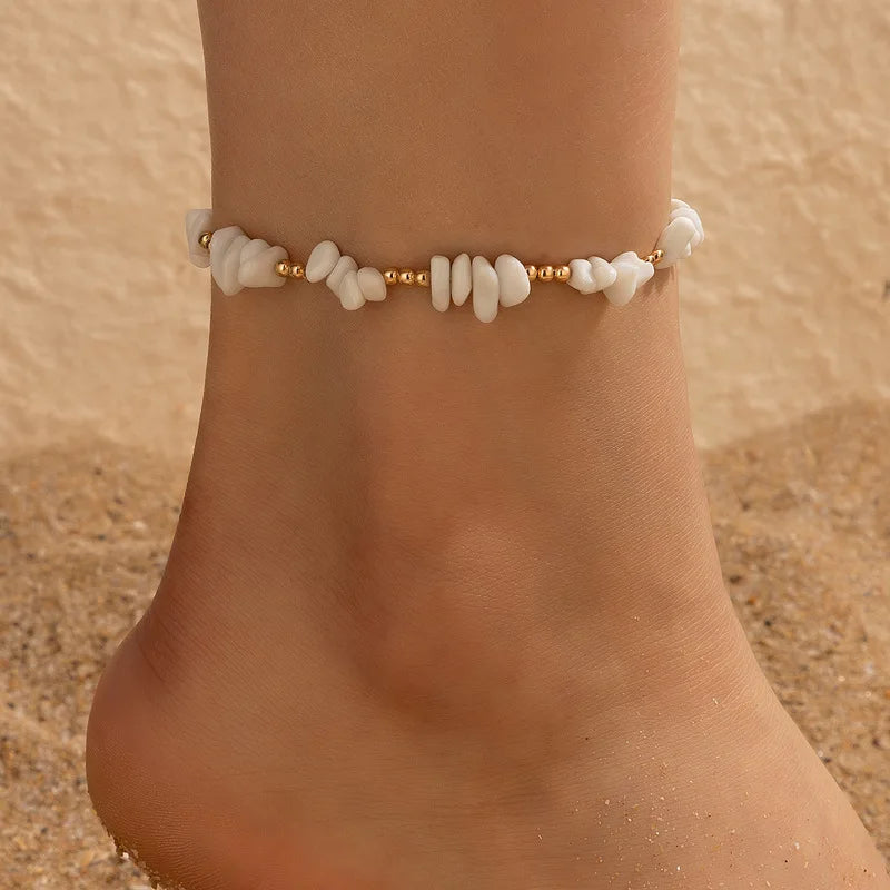 Summer Beach Crushed Stone Chain Anklet Set For Women Boho Shell Charm Ankle Bracelet On The Leg Handmade Fashion Jewelry