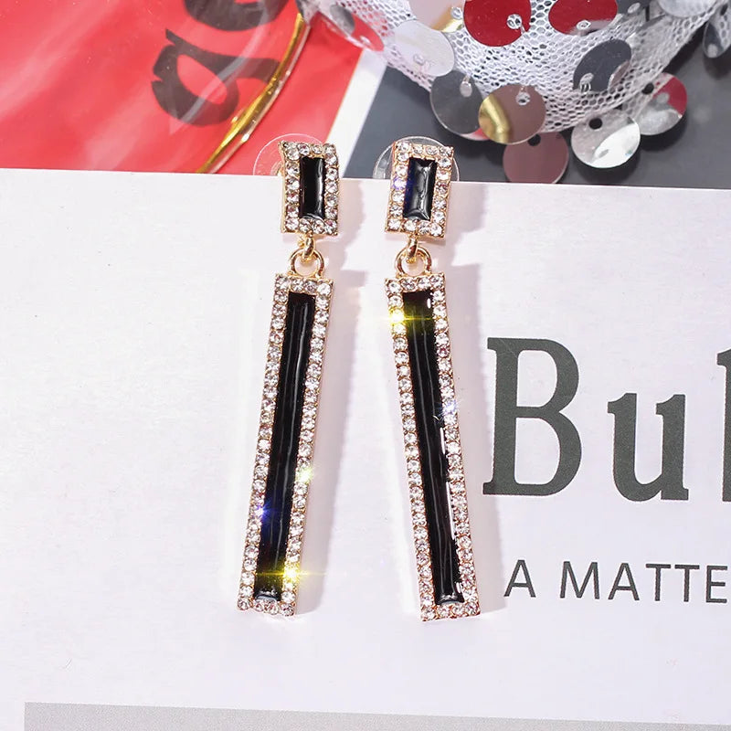 New Fashion Black Color Enamel Rectangle Drop Earrings for Women Geometric Inlay Rhinestone Long Ear Wedding Party Jewelry