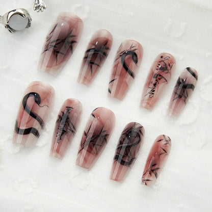 10PCS Long Press on Nails Set Handmade Bamboo Poetry Chinese Acrylic Fake Nails with Glue Reusable Stick on Nails Art