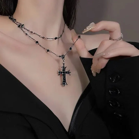 Gothic Black Rhinestone Cross Jesus Pendant Choker Necklace for Women Punk Vintage Double Layer Chain 2024 Neck Jewelry New