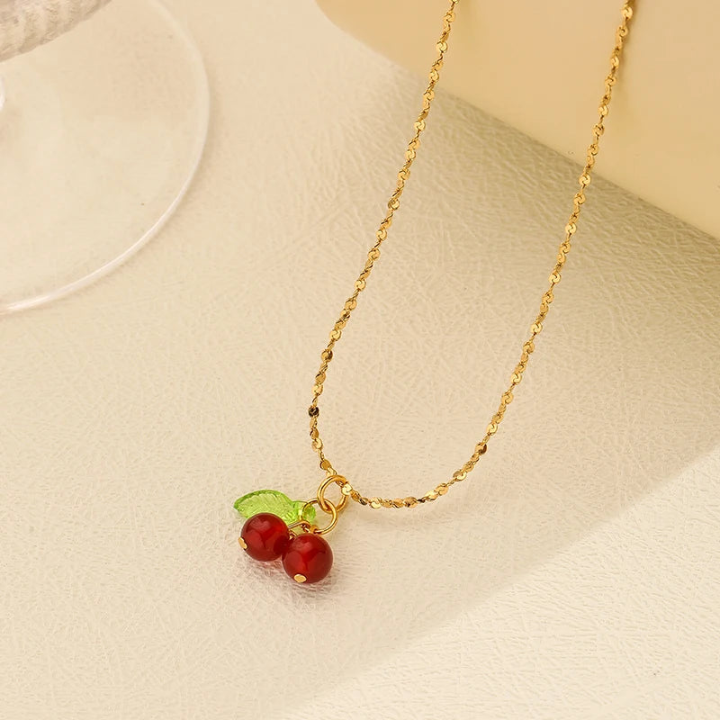 Lovely cherry fruit necklace stainless steel fashion student jewelry necklace for girls ladies gift