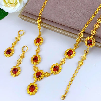 XUHUANG Arabic Cystal Necklace Bracelets Earrings Set for Girl Nigerian Engagement Bride 24k Gold Color Jewelry Sets Party Gifts