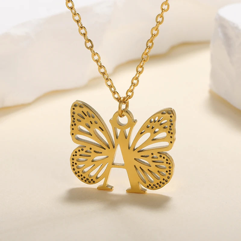 Initial Letter with Butterfly Necklace For Women Butterfly Jewelry Stainless Steel Alphabet Pendant Choker Necklace Female Gift