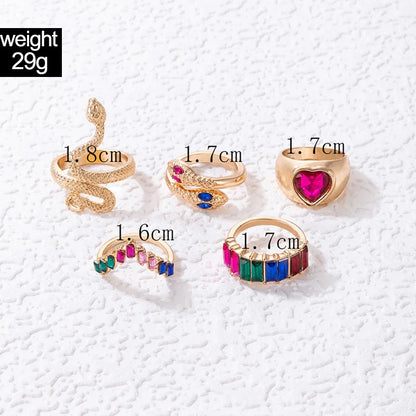 Colorful Crystal Snake Shape Ring Set For Women Fashion Butterfly Heart Gold Color Geometric Rings Female Wedding Finger Jewelry