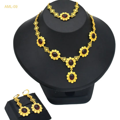 XUHUANG Arabic Cystal Necklace Bracelets Earrings Set for Girl Nigerian Engagement Bride 24k Gold Color Jewelry Sets Party Gifts