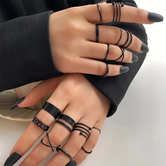 16Pcs/set Punk Finger Rings Minimalist Smooth Gold Color Black Geometric Metal Rings for Women Girls 2022 Trendy Party Jewelry
