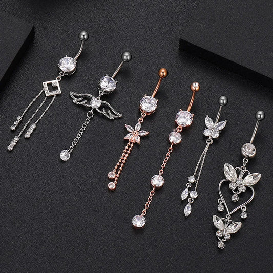 Trendy Angel Belly Button Rings Stainless Steel Zircon Butterfly Navel Piercing Surgical for Women Body Belly Jewelry Pendant