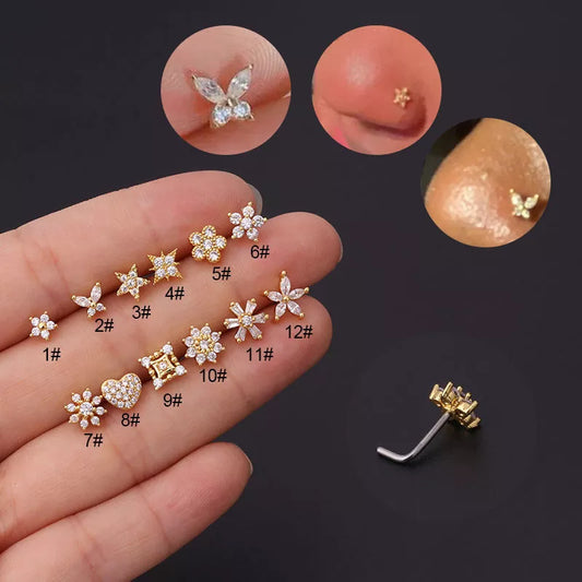 Stainless Steel Small Nose Rings Zircon Flower Heart Nose Stud 20G Body Piercing Jewelry For Women Men Gift