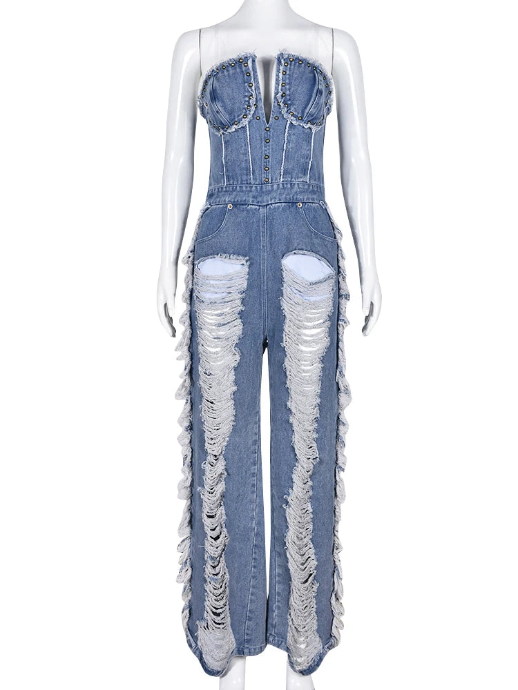 Y2K Strapless Denim Jumpsuit Women Hollow Tassel Summer V-Neck Zipper Streetwear Sexy Elegant Skinny Overalls