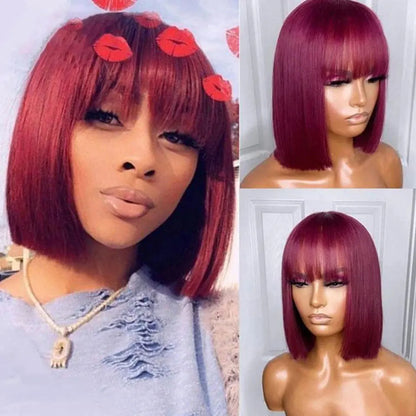 99J Colored Short 180D Straight Brazilian Human Hair Bob Wigs with Bangs Remy Full Machine Made for Women Hightlight Burgundy