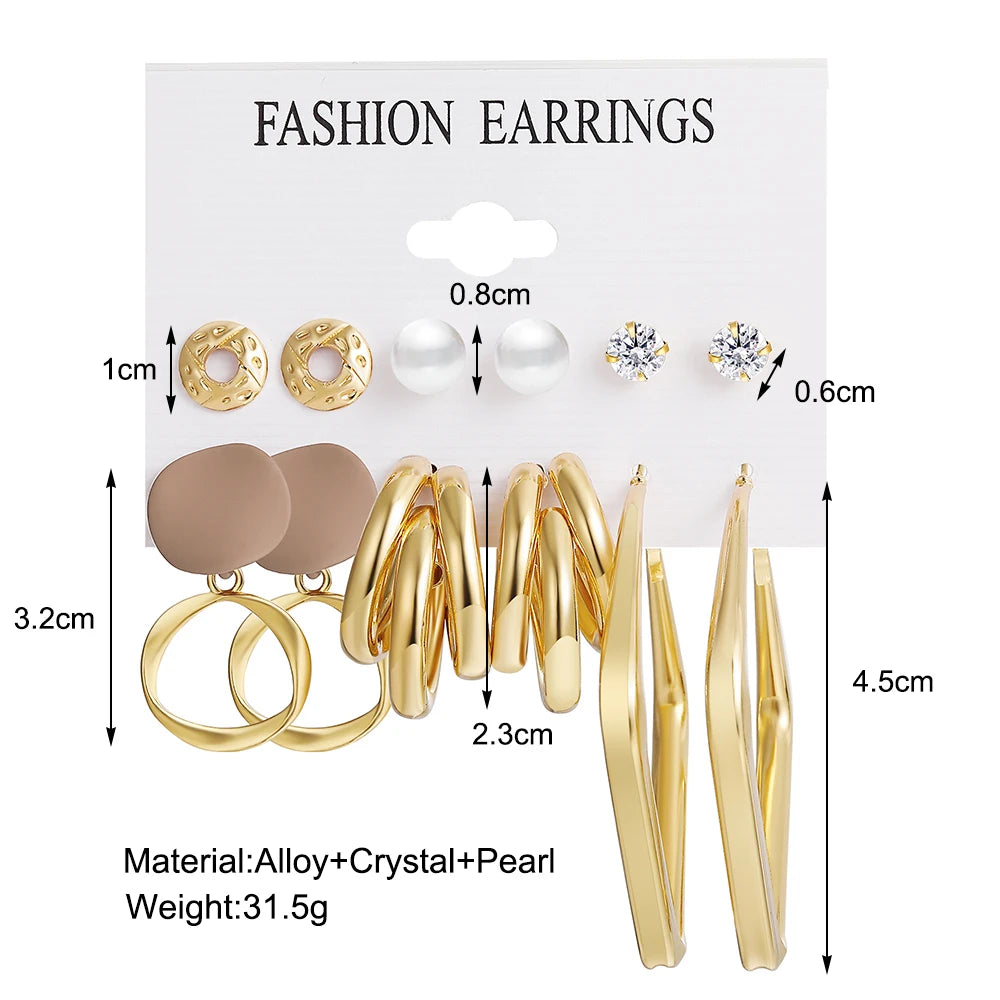 Vintage Gold Plated Earrings Set Metal Pearl Heart Twist Geometric Hollow Hoop Earrings For Woman 2024 Fashion Jewelry Gifts