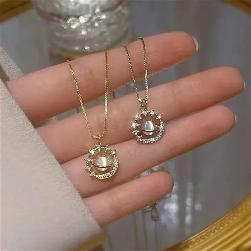 Planet Universe Colorful Saturn Zircon Necklace for Women Personalized Fashion Daily Accessories Party Jewelry Birthday Gifts