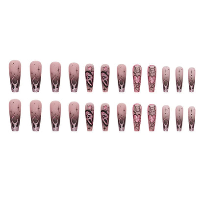 Scream 24pcs Glitter Pink Sequin Fake Nail Patch Scary Skull Love Heart Pattern Artificial Nails Full Cover Wearable Halloween Gifts