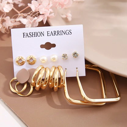 Vintage Gold Plated Earrings Set Metal Pearl Heart Twist Geometric Hollow Hoop Earrings For Woman 2024 Fashion Jewelry Gifts