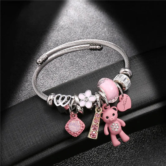 Fashion Bracelets & Bangles Stainless Steel DIY Jewelry Big Pink Bear Pendant Hearts Love Women's Bracelet Cuff Charms Pulseras