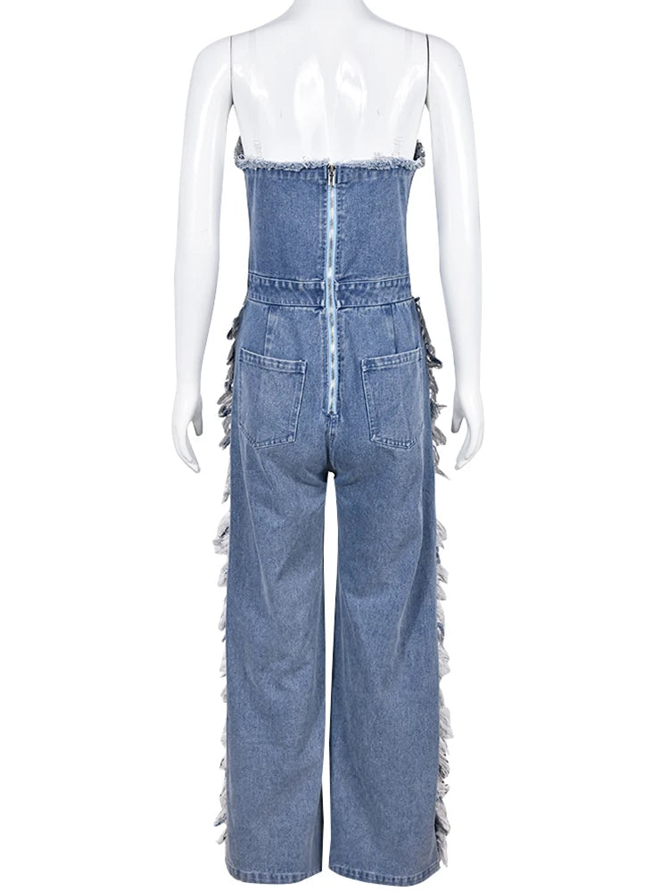 Y2K Strapless Denim Jumpsuit Women Hollow Tassel Summer V-Neck Zipper Streetwear Sexy Elegant Skinny Overalls