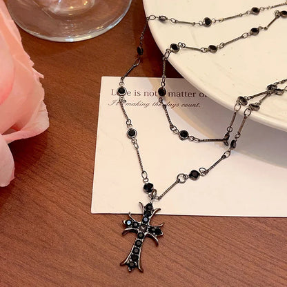 Gothic Black Rhinestone Cross Jesus Pendant Choker Necklace for Women Punk Vintage Double Layer Chain 2024 Neck Jewelry New