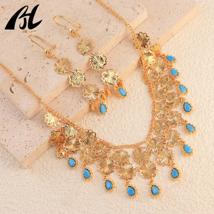 wedding jewelry sets flower necklace jewelry gold plated jewelry 24k Gold Plated Dubai Necklace and Bracelet Set Indian