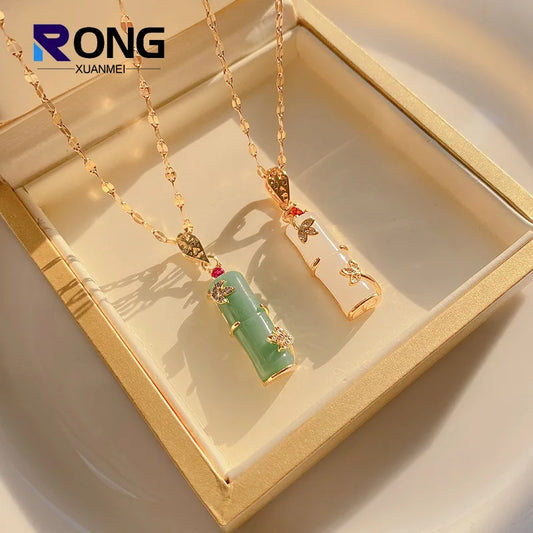 RONGXUANMEI New Fashion Stainless Steel Bamboo Necklace Women Elegant Cubic Zircon Gold Color Vintage Pendant Neckalaces 2024