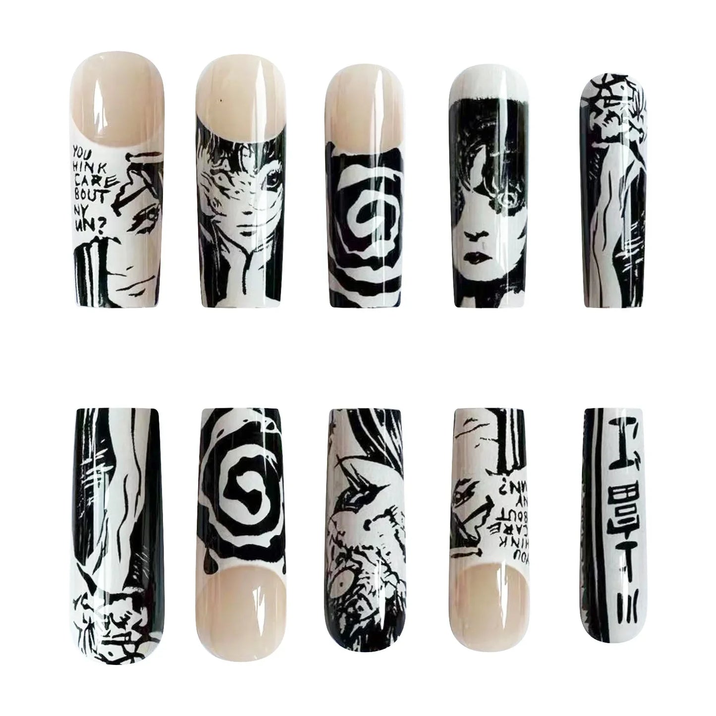 Horror Manga Gothic Style Fake Nails Black White Anime Nail Art Press on Nails Nail Accessories Popular False Nails Nail Tips