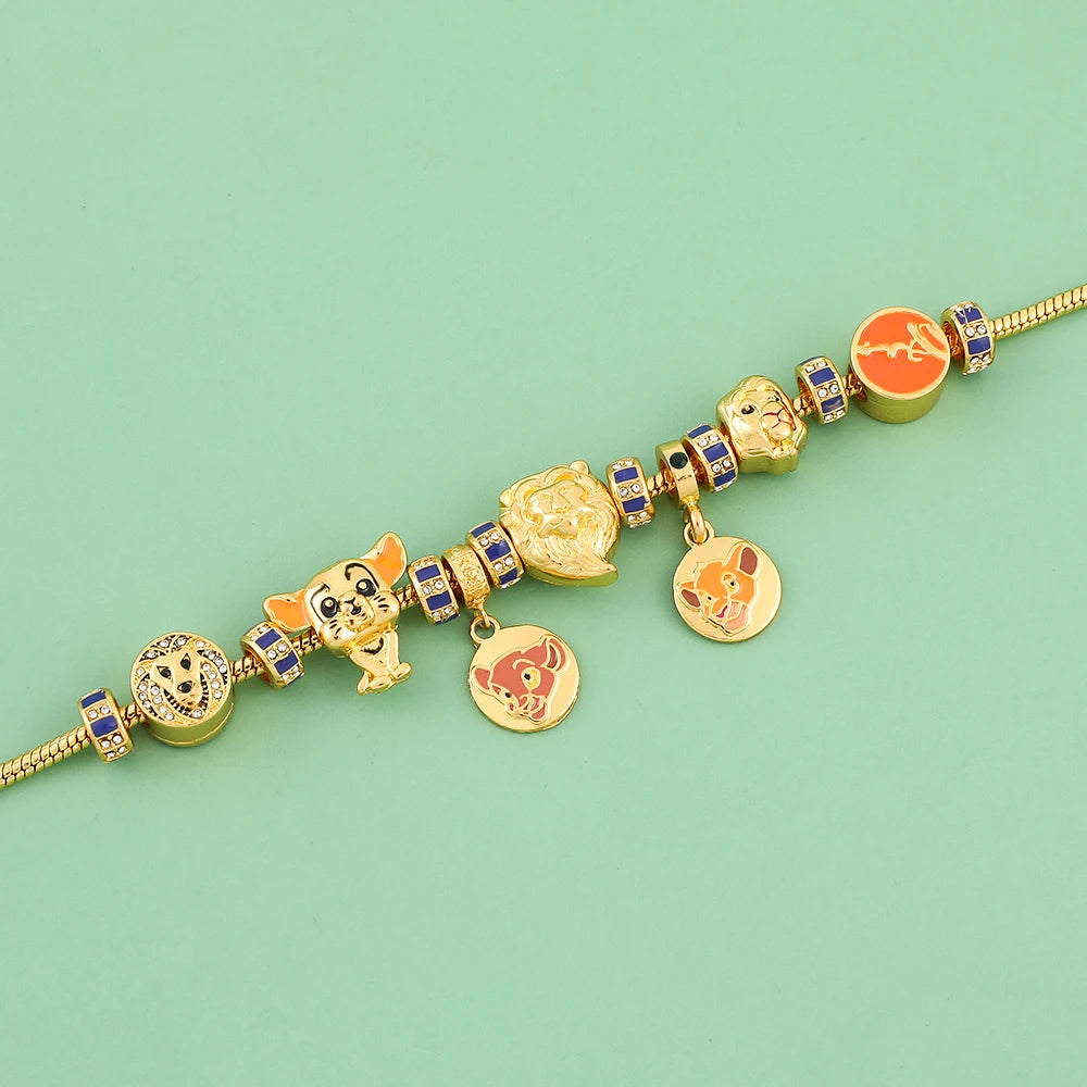 Cartoon Movie The Lion King Simba Nala Mufasa Charm Bracelet Disney Crystal Jewelry Beads Bangles for Women Party Accessories