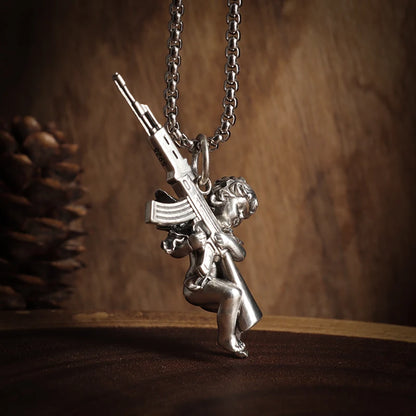 Vintage Unique Peace and War Angel Ak-47 Pendant Necklace for Men Women Fashion Street Punk Hip Hop Statement Jewelry Gift