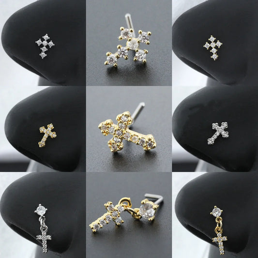 20G Surgical Steel Nose Rings for women Cross Nose Piercing Jewelry Body Jewelry Shiny CZ Cross Dangle L Shape Nose Studs