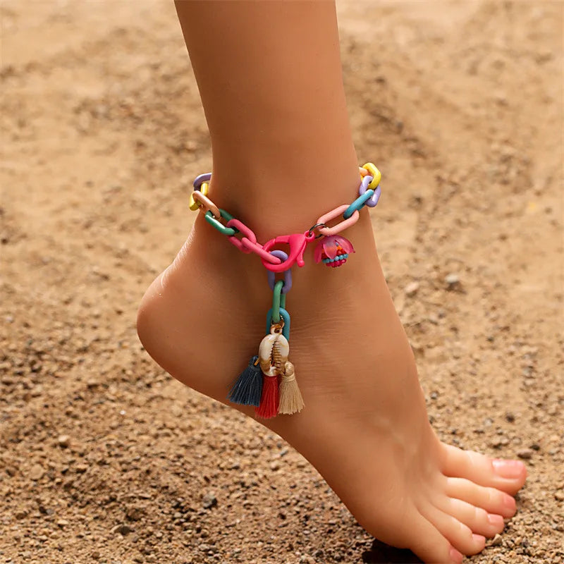 Colorful Acrylic Chain Anklets Bohemia Natural Seashell Tassel Pendant Ankle on Leg Anklets Summer Beach Foot Jewelry for Women