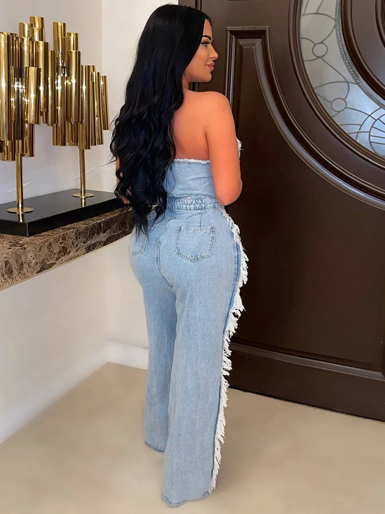 Y2K Strapless Denim Jumpsuit Women Hollow Tassel Summer V-Neck Zipper Streetwear Sexy Elegant Skinny Overalls