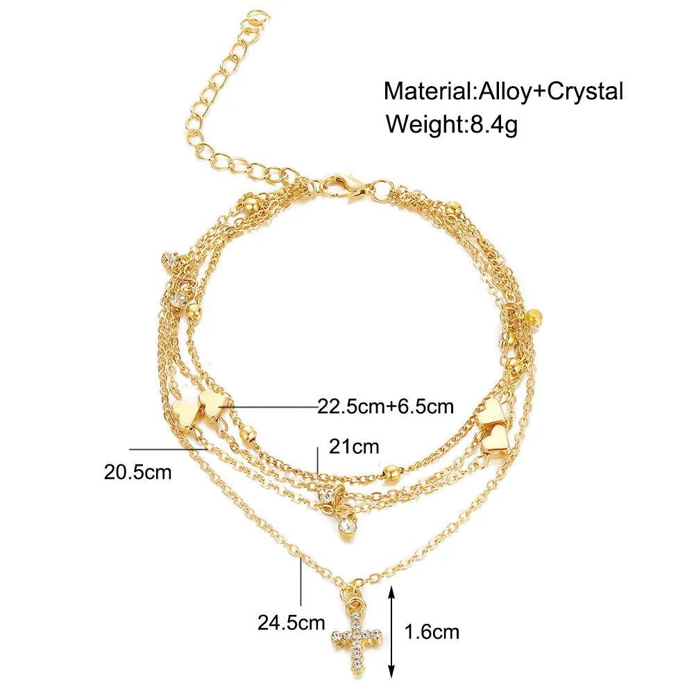 Fashion Crystal Cross Heart Anklet For Women Summer Beach Ankle Bracelet Snake Chain On Leg Foot Girls Jewelry Accessories