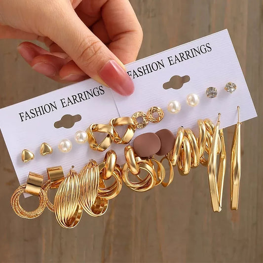 Vintage Gold Plated Earrings Set Metal Pearl Heart Twist Geometric Hollow Hoop Earrings For Woman 2024 Fashion Jewelry Gifts