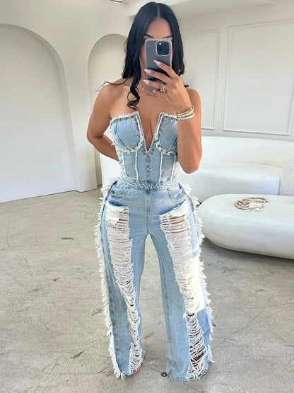 Y2K Strapless Denim Jumpsuit Women Hollow Tassel Summer V-Neck Zipper Streetwear Sexy Elegant Skinny Overalls