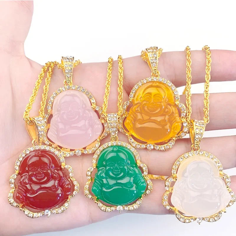 Pink White Buddha Necklace for Women Exquisite Chinese Style Maitreya Buddah Necklace Pendant Female Gifts