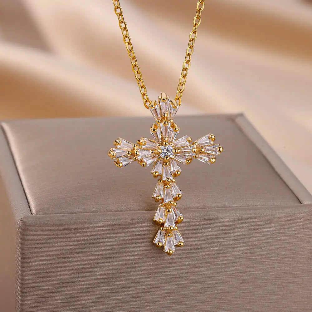 Zircon Cross Pendant Necklace for Women Gold Color Stainless Steel Collar Neckalces 2024 Trend Goth Jewelry Gifts free shipping