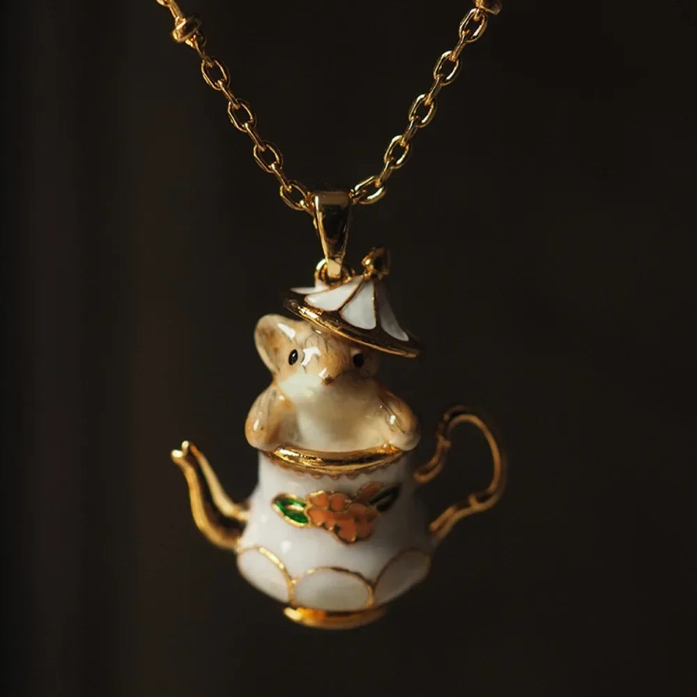 Cute and Romantic Cartoon Teacup Chipmunk Pendant Necklace for Women Luxury Enamel Mouse Dangle Earring Jewelry Set Accessories