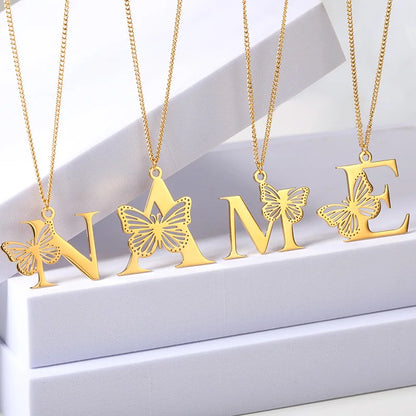 Dainty Big Butterfly Letters Necklaces For Women Girl Jewelry Stainless Steel Chain Initial Pendant Necklace Best Accessories