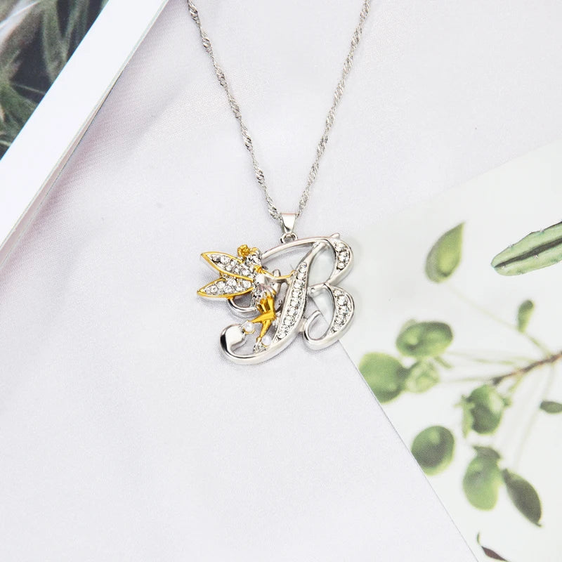 Disney Lovely Crystal 26 Letters Flower Fairy Necklaces Women Fairy Wing Pendant Necklace Jewelry Accessories Halloween Gifts