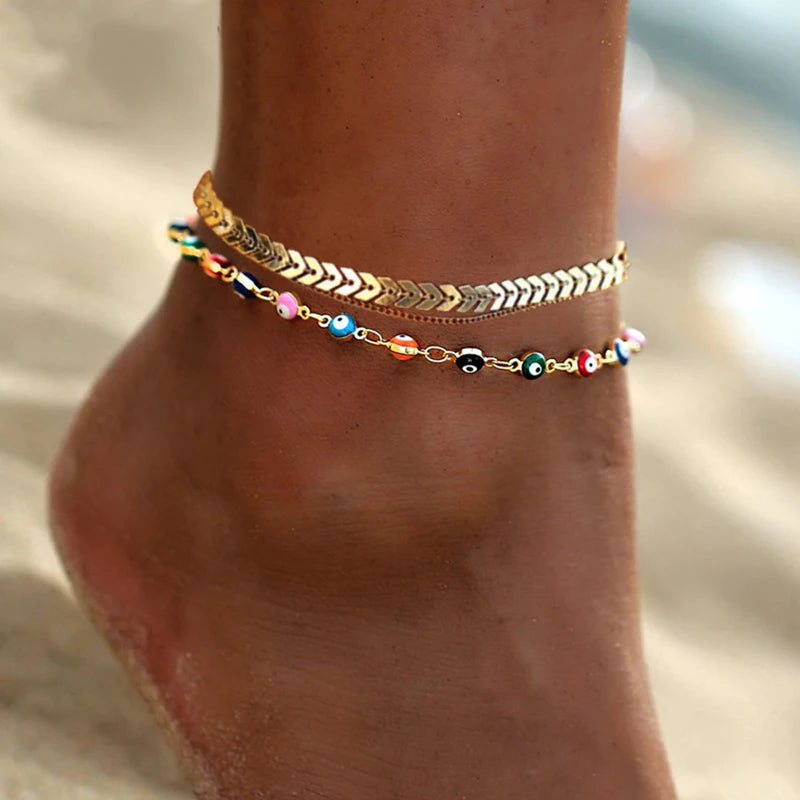 Bohemian Colorful Turkish Eyes Anklets for Women Butterfly Flower Zircon Shell Cat Ankle Bracelet Summer Beach Foot Leg Jewelry