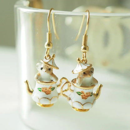 Cute and Romantic Cartoon Teacup Chipmunk Pendant Necklace for Women Luxury Enamel Mouse Dangle Earring Jewelry Set Accessories