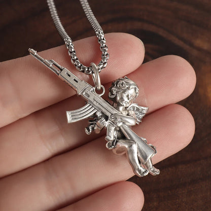 Vintage Unique Peace and War Angel Ak-47 Pendant Necklace for Men Women Fashion Street Punk Hip Hop Statement Jewelry Gift